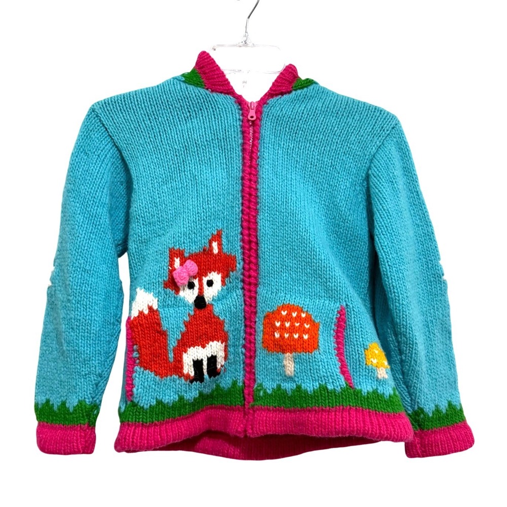 Little Cotton Dress Kids Size 8 Wool Fox Pixie Hood Cardigan Sweater Teal Pink